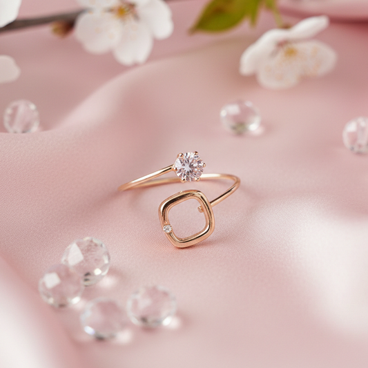 Rose gold ring with a diamond on a pink fabric background with flowers