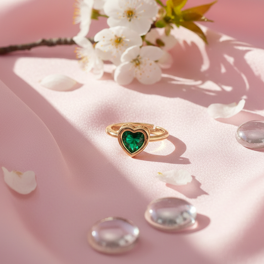 Gold ring with a green heart-shaped gemstone.